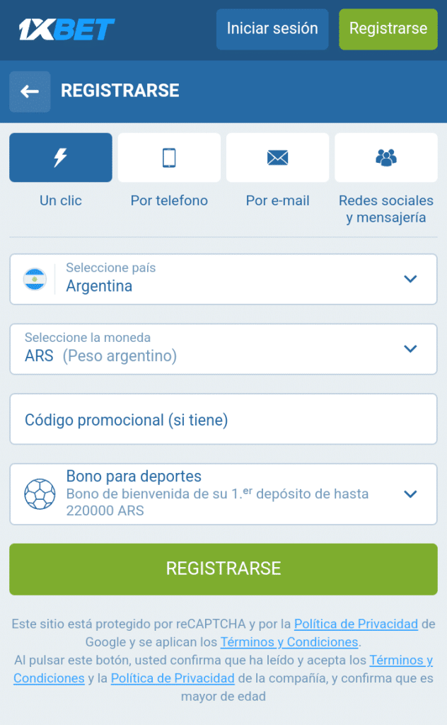 Código promocional 1xBet - Registro