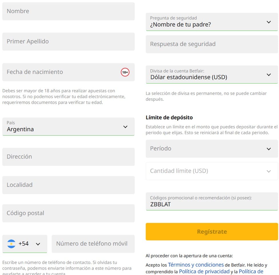 Código promocional betfair-Registro